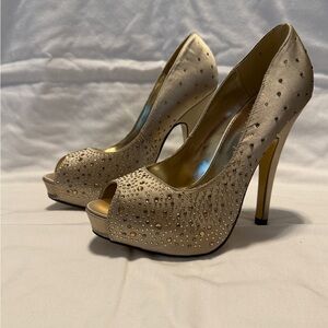 Express Gold Studded Platform Peep-Toe Heels